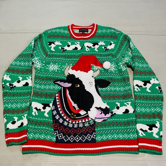 Blizzard Bay Other - Blizzard Bay Men Ugly Xmas Office Knit Sweater Cow Santa Green M Bell Winter3823
